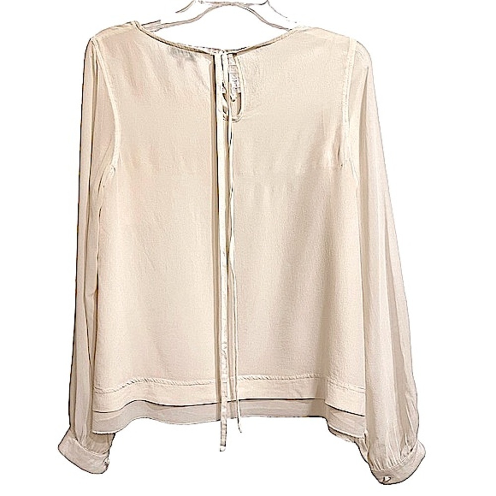 Chris Benz Semi Sheer Beige Silk Crepe Popover Top Tie Neck Size 8 - Picture 2 of 12
